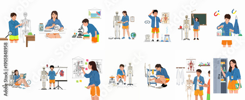 Students learning biology and chemistry, illustrated with anatomical skeletons, microscopes, lab equipment, and educational diagrams, representing STEM education concepts.