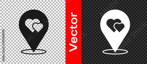 Black Map pointer with heart icon isolated on transparent background. Valentines day. Love location. Romantic map pin. Vector