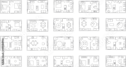 Collection of 20 black and white architectural floor plans isolated on transparent background