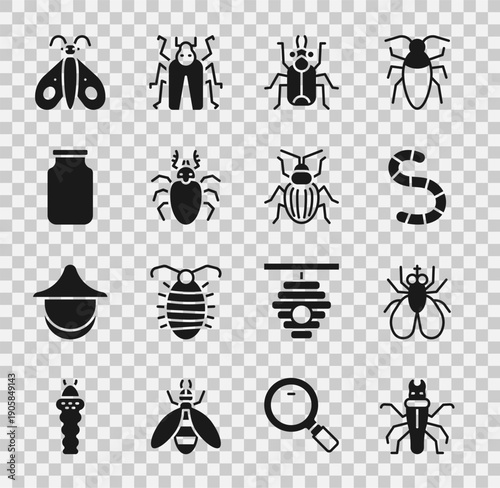 Set Termite, Insect fly, Worm, Beetle bug, deer, Glass jar, Butterfly and Chafer beetle icon. Vector
