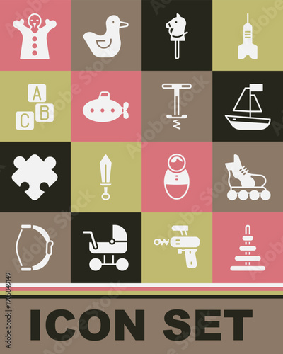 Set Pyramid toy, Roller skate, Toy boat, horse, Submarine, ABC blocks, puppet doll on hand and Pogo stick jumping icon. Vector