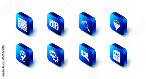 Set Browser setting, Magnifying glass and analysis, Lead management, SEO optimization, Advertising, Map pointer with star and window icon. Vector