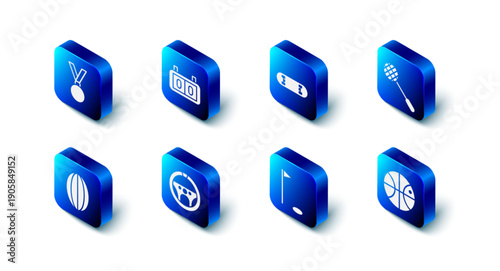Set Sport mechanical scoreboard, Skateboard trick, Tennis racket, Basketball ball, Golf flag, Steering wheel, Rugby and Medal icon. Vector