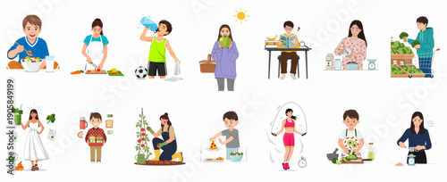 Healthy lifestyle concept illustration set featuring people cooking, eating fresh food, exercising, and promoting physical and mental wellness.
