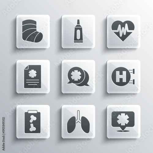 Set Lungs, Medical symbol of the Emergency, Hospital signboard, Dialogue with doctor, X-ray shots, Clinical record, Gypsum and Heart rate icon. Vector