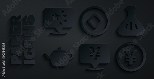 Set Chinese Yuan currency, Dumpling, tea ceremony, and China flag icon. Vector