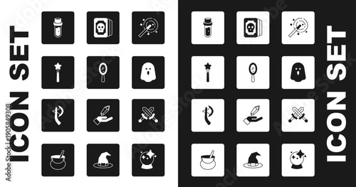 Set Magic wand, hand mirror, Bottle with potion, Ghost, Tarot cards, Crossed medieval sword and Wooden axe icon. Vector