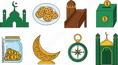 Ramadan including mosque cookie plate stairs donation box money jar crescent moon compass plate of cookies