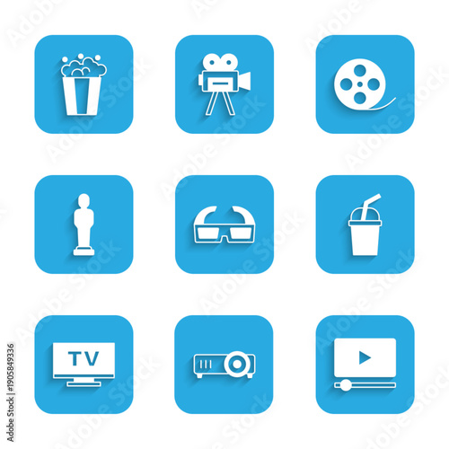 Set 3D cinema glasses, Movie, film, media projector, Online play video, Paper with water, Smart Tv, trophy, Film reel and Popcorn cardboard box icon. Vector