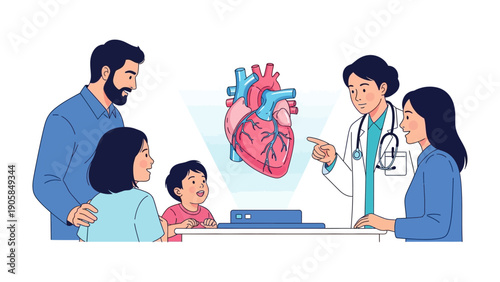 Family Health Consultation: A dedicated doctor engages in an informative discussion with a family, illustrating the anatomy of the heart and highlighting the significance of cardiovascular well-being.