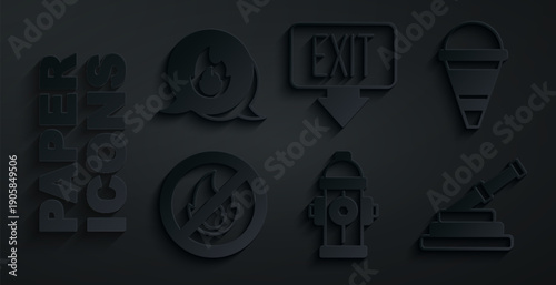 Set Fire hydrant, cone bucket, No fire, hose reel, exit and Emergency call icon. Vector