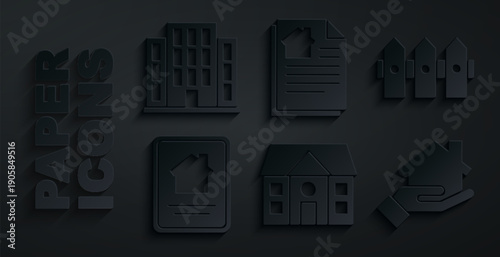 Set House, Garden fence wooden, Online real estate house, Realtor, contract and icon. Vector