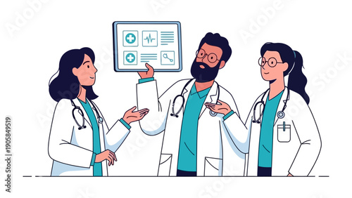 Medical Consultation Illustration: A team of dedicated medical professionals collaborates, discussing diagnostic information on a digital screen, signifying modern healthcare innovation and knowledge.