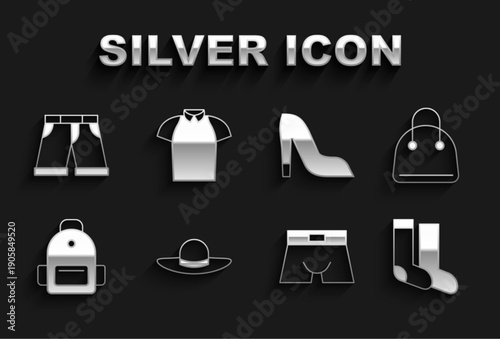 Set Elegant women hat, Handbag, Socks, Men underpants, School backpack, Woman shoe, Short or and Polo shirt icon. Vector
