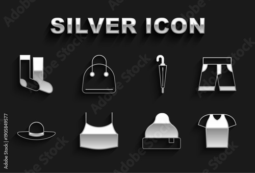 Set Female crop top, Short or pants, T-shirt, Beanie hat, Elegant women, Umbrella, Socks and Handbag icon. Vector