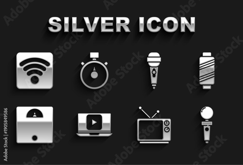 Set Online play video, Sewing thread on spool, Joystick for arcade machine, Retro tv, Bathroom scales, Microphone, Wi-Fi wireless internet network and Stopwatch icon. Vector