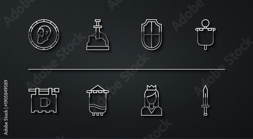 Set line Ancient coin, Street signboard with Bar, Medieval flag, Princess, Sword the stone, sword and Shield icon. Vector