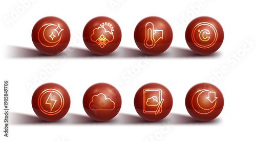 Set line Moon and stars, Lightning bolt, Celsius, Weather forecast, Cloud, with snow sun, and Meteorology thermometer icon. Vector