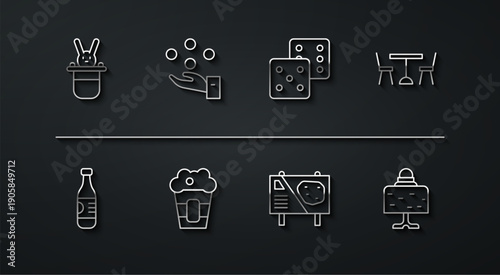 Set line Magician hat and rabbit, Bottle of water, Picnic table with chairs, Amusement park billboard, Popcorn in box, Juggling ball, on and Game dice icon. Vector
