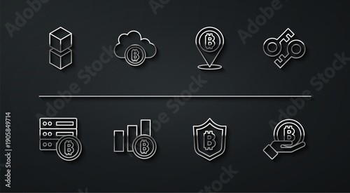 Set line Blockchain technology, Server bitcoin, Cryptocurrency key, Shield with, Pie chart infographic, cloud mining, Hand holding Bitcoin and icon. Vector