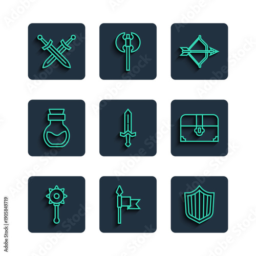Set line Medieval chained mace ball, spear, Shield, bow and arrow, sword, Poison bottle, Crossed medieval and Antique treasure chest icon. Vector