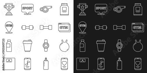 Set line Mobile with heart rate, Kettlebell, Online fitness and training, Whistle, Dumbbell, Location gym, Award cup and icon. Vector
