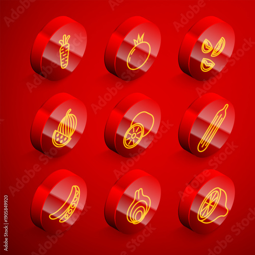 Set line Carrot, Tomato, Watermelon, Kiwi fruit, Fresh cucumber, Green peas and Onion icon. Vector