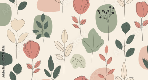 Colorful Floral Pattern with Various Leaves and Blooms.