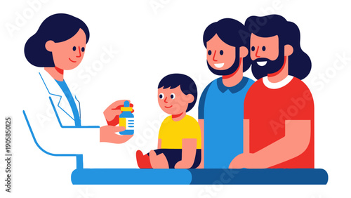 Healthcare Consultation: A doctor explains medication to a diverse family, a gesture of care and trust that's essential for children's well-being.