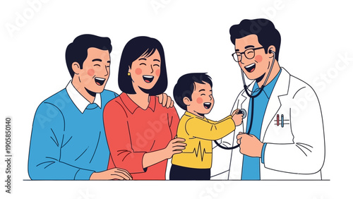 Health Check with Family: A heartwarming illustration depicts a family's visit to a healthcare professional for a routine check-up. The scene is filled with trust, joy.