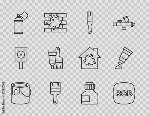 Set line Paint bucket, RGB, brush, spray can, Tube with paint and, Paint, gouache, jar, dye and palette icon. Vector