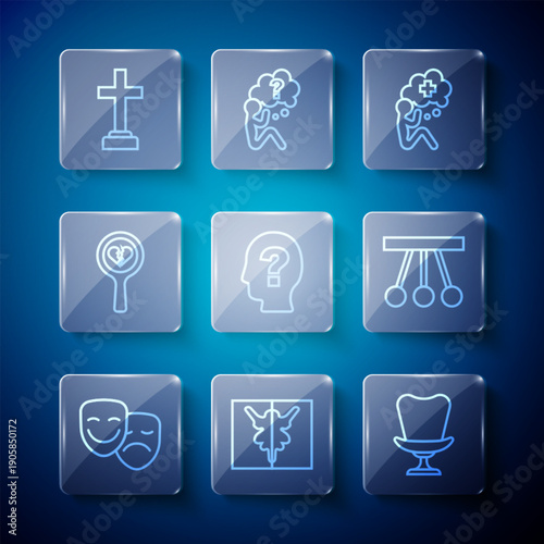 Set line Comedy and tragedy masks, Rorschach test, Armchair, Helping hand, Head with question mark, Broken heart divorce, Graves funeral sorrow and Pendulum icon. Vector