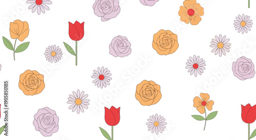 Colorful Tulips and Flowers Pattern Design.
