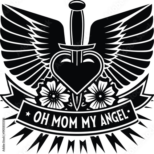 Vintage tattoo design featuring a winged heart pierced by a dagger, dedicated to a mother