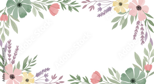 Floral Wreath with Flowers and Leaves Illustration.