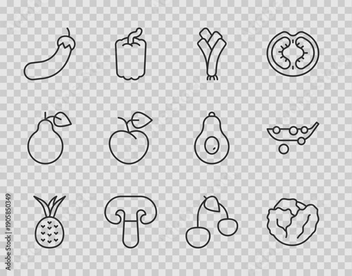 Set line Pineapple, Cabbage, Leek, Mushroom, Eggplant, Peach fruit or nectarine, Cherry and Peas icon. Vector