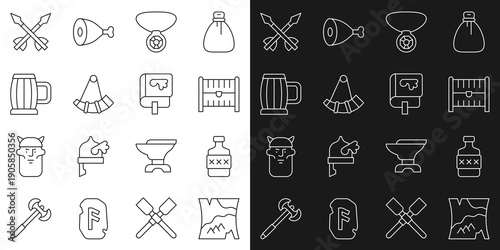 Set line Folded map, Whiskey bottle, Antique treasure chest, Necklace with gem, Hunting horn, Wooden beer mug, Medieval arrows and Viking book icon. Vector