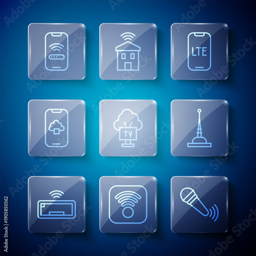 Set line Computer keyboard, Wi-Fi wireless internet, Wireless microphone, LTE network, Smart Tv, Cloud technology data, Mobile with wi-fi and Antenna icon. Vector