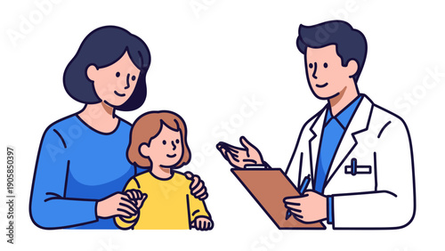 Child’s Health Checkup: A supportive mother and a young child consult with a friendly doctor, highlighting a comforting and professional medical encounter.