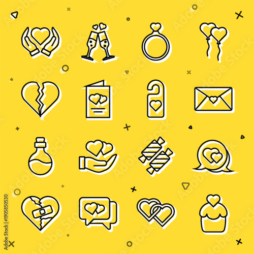 Set line Wedding cake, Heart speech bubble, Envelope with Valentine heart, rings, Valentines day flyer, Broken or divorce, hand and Please do not disturb icon. Vector