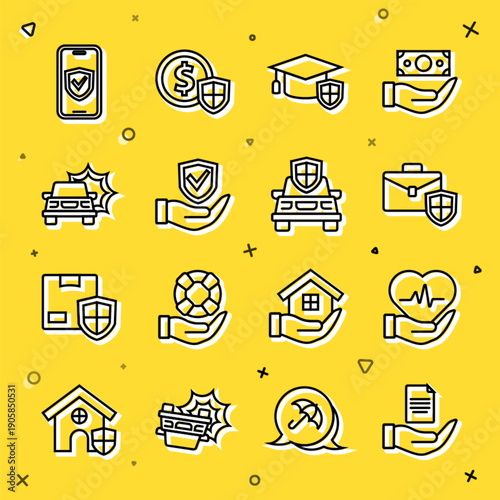Set line Contract in hand, Life insurance, Briefcase with shield, Graduation cap, Shield, Car accident, Insurance online and icon. Vector