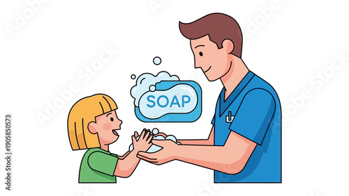 Healthy Habit: A caring adult guides a child in the important task of handwashing with soap, demonstrating the importance of hygiene and health in daily life.