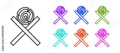 Black line Wooden logs on a stand icon isolated on white background. Stack of firewood. Set icons colorful. Vector