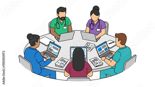 Medical Professionals' Collaborative Roundtable: A circle of doctors and nurses collaborates around a table, focused on their laptops, exemplifying the unity and teamwork of healthcare.