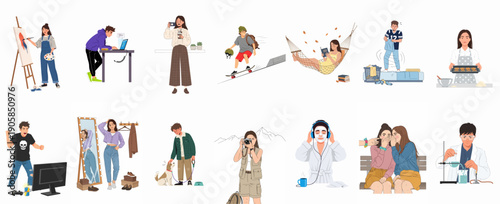 Diverse collection of young people performing everyday and leisure activities like art, technology, sports, relaxation, and self-care in vector illustrations.