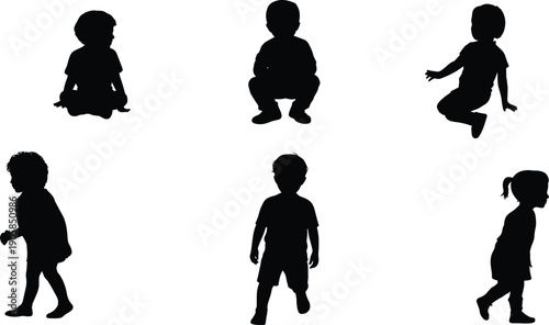 Child silhouette set showing toddlers sitting squatting and walking in different poses isolated on white background black vector illustration