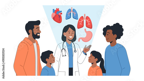 Healthy Family Discussion: A compassionate doctor explains human organ function to a family, promoting proactive healthcare through informative dialogue.