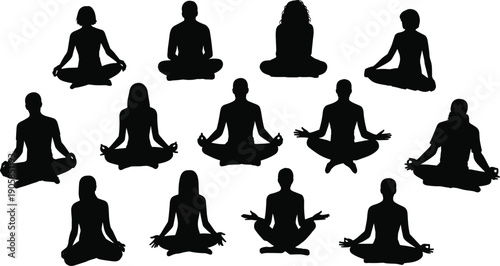 Meditation and yoga silhouette collection showing men and women sitting in lotus poses practicing mindfulness isolated on white background vector illustration