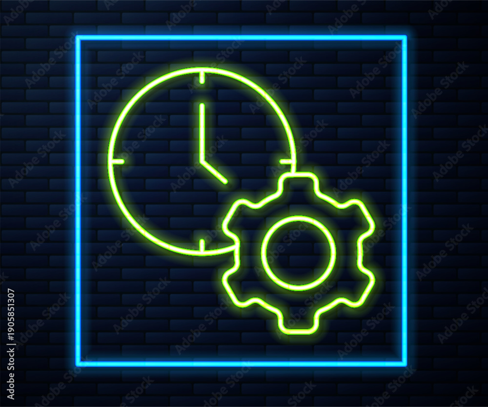 Fototapeta premium Glowing neon line Time management icon isolated on brick wall background. Clock and gear sign. Productivity symbol. Vector