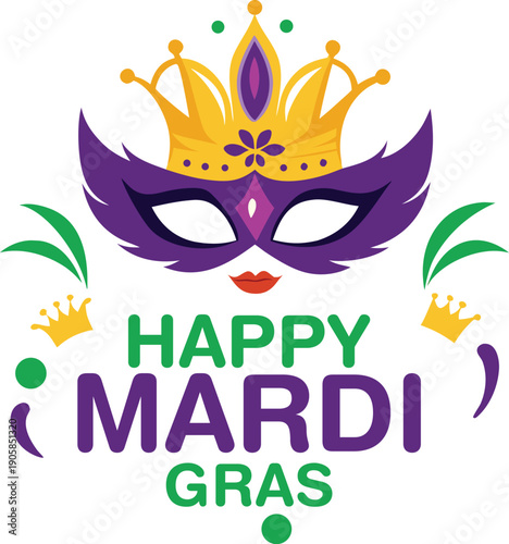 Vibrant mardi gras celebration with purple mask and golden crown